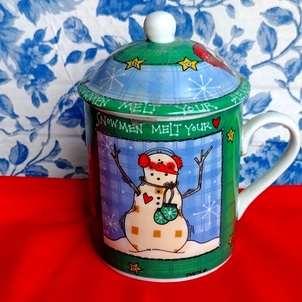 NWT Vintage Snowman Mug with Lid - Snowmen Melt Your Heart - Fayette Skinner